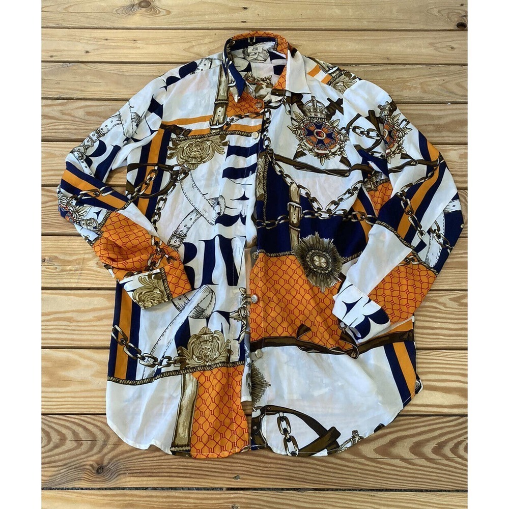 River Island Patterned Button Up Silky Blouse Siz… - image 1